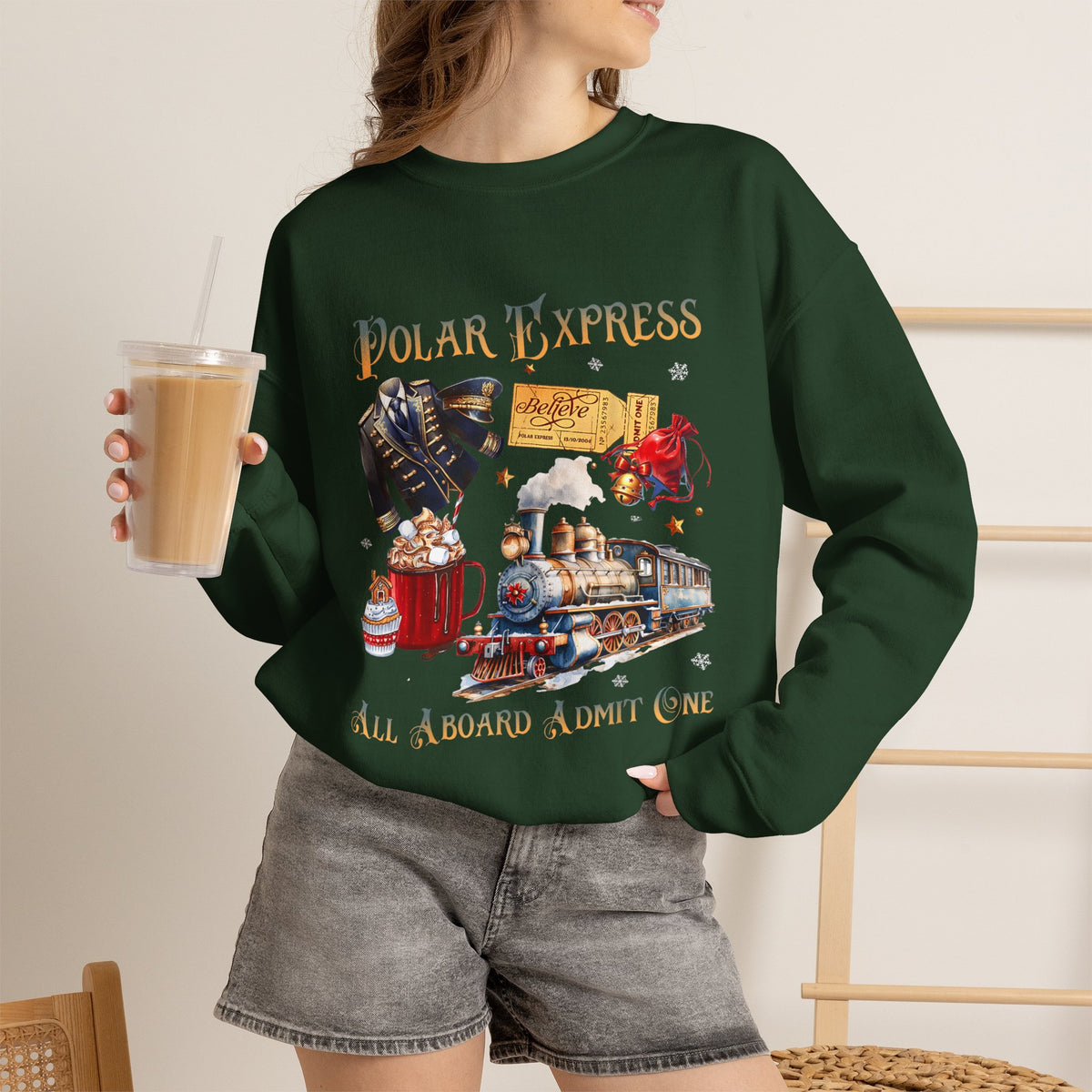 Polar Express All Aboard Christmas Graphic Crewneck Sweatshirt