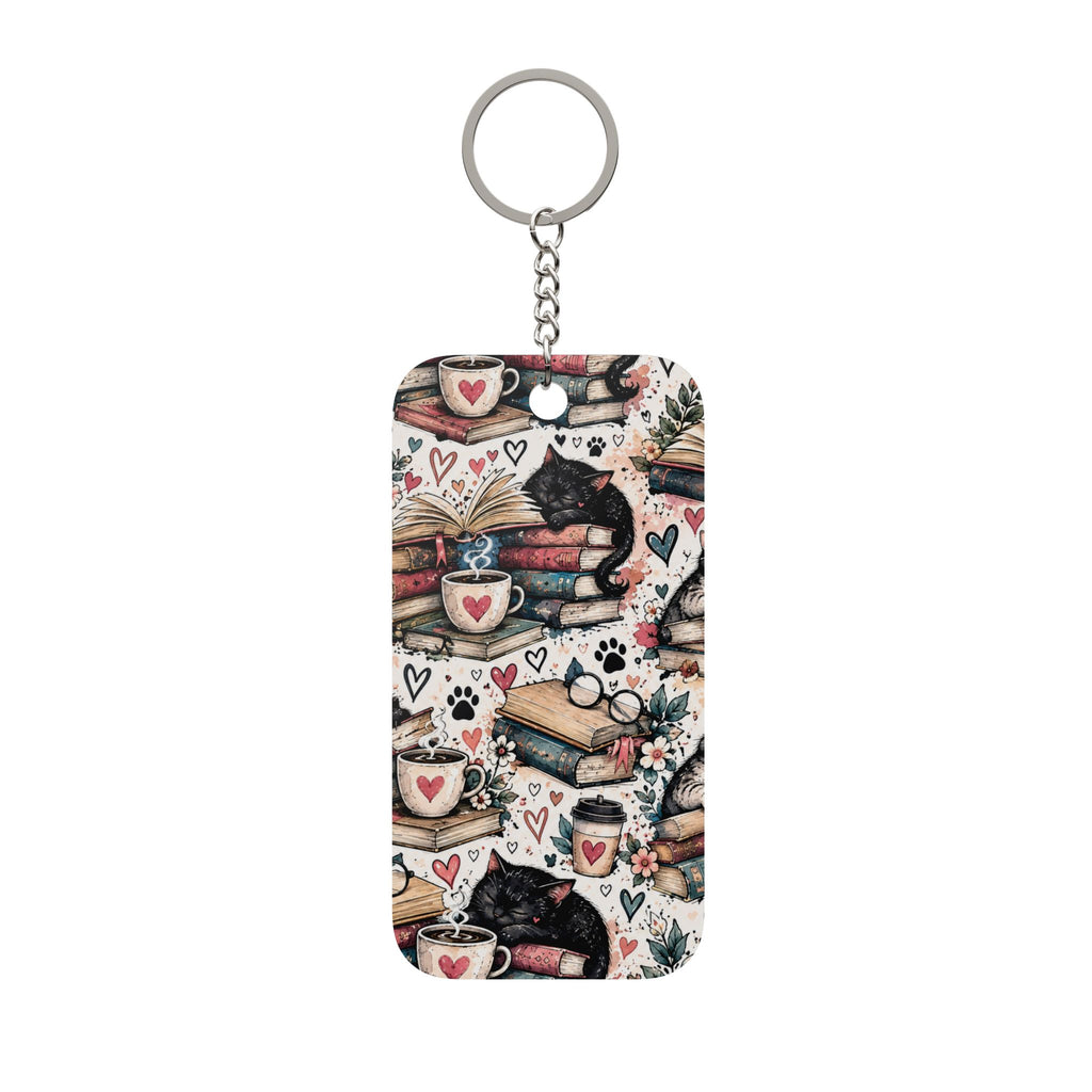 Cat & Coffee Keychain Charm — Double-Sided Book Lover Keyring
