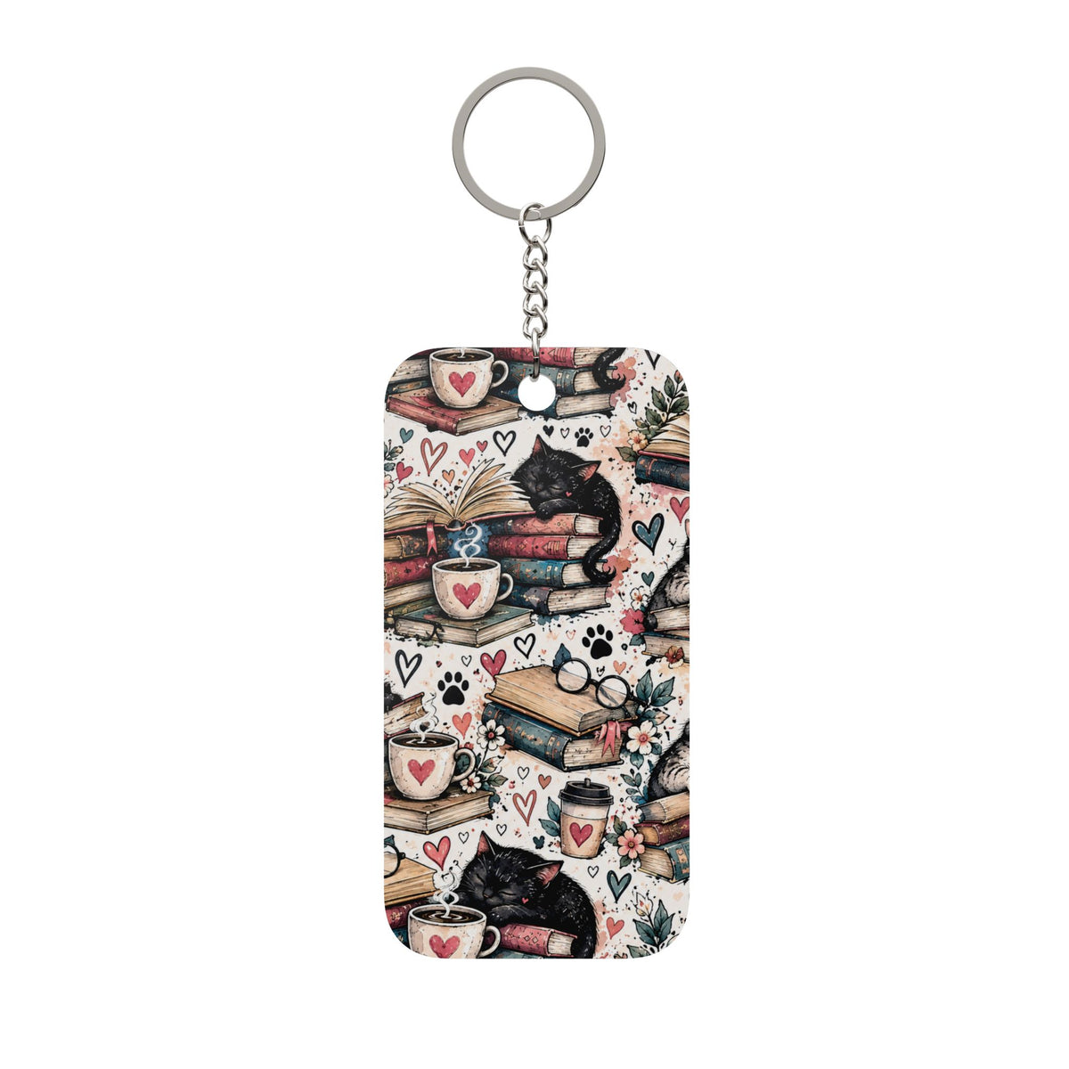 Cat & Coffee Keychain Charm — Double-Sided Book Lover Keyring