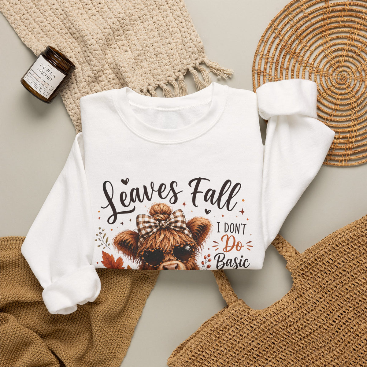 Highland Cow "Leaves Fall, I Don't Do Basic" Crewneck Sweatshirt