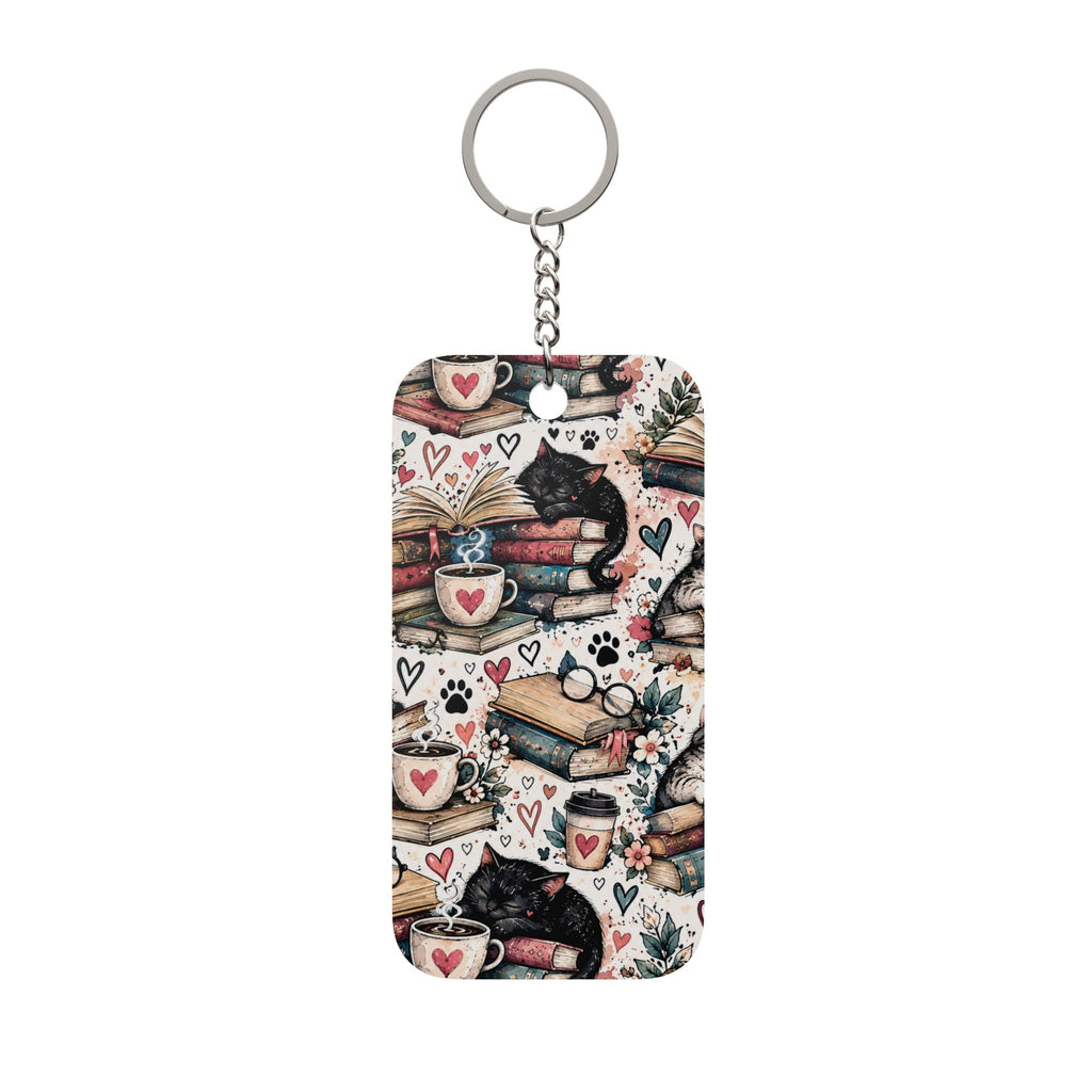 Cat & Coffee Keychain Charm — Double-Sided Book Lover Keyring
