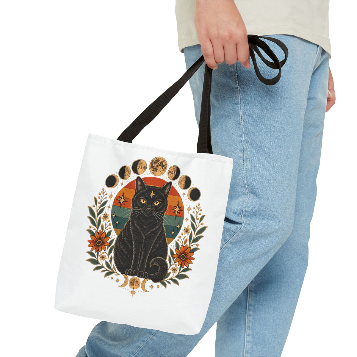 Mystic Black Cat Moon Phases Tote Bag