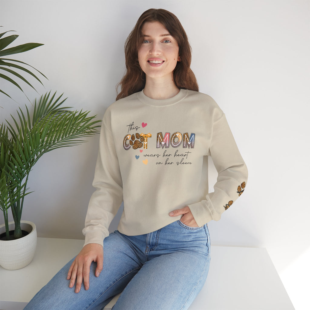 "Cat Mom" Floral Paw Print Cozy Crewneck Sweatshirt (Sleeve Customizable)