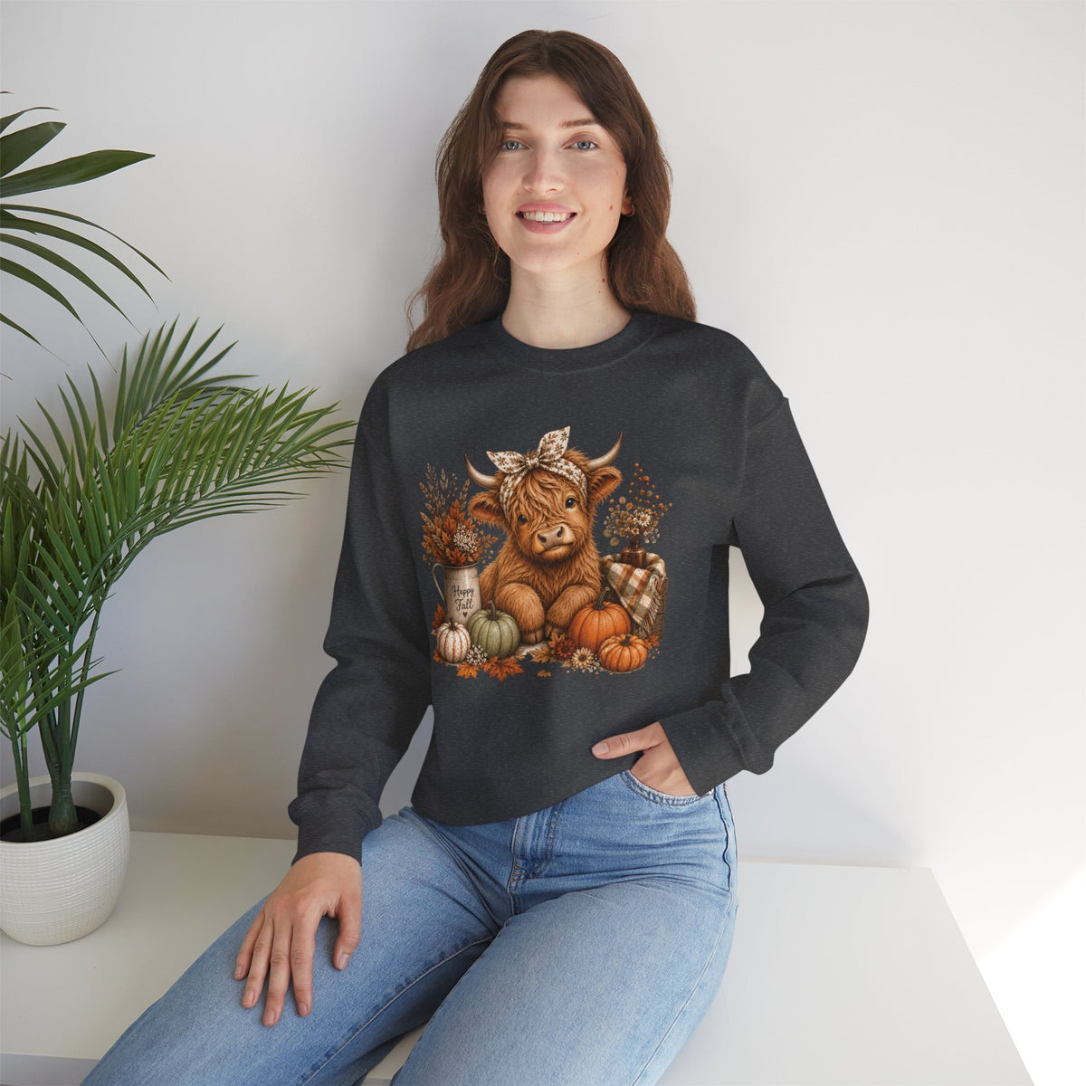 Autumn Highland Cow Cozy Fall Crewneck Sweatshirt