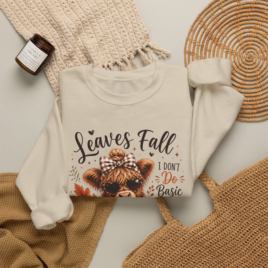 Highland Cow "Leaves Fall, I Don't Do Basic" Crewneck Sweatshirt