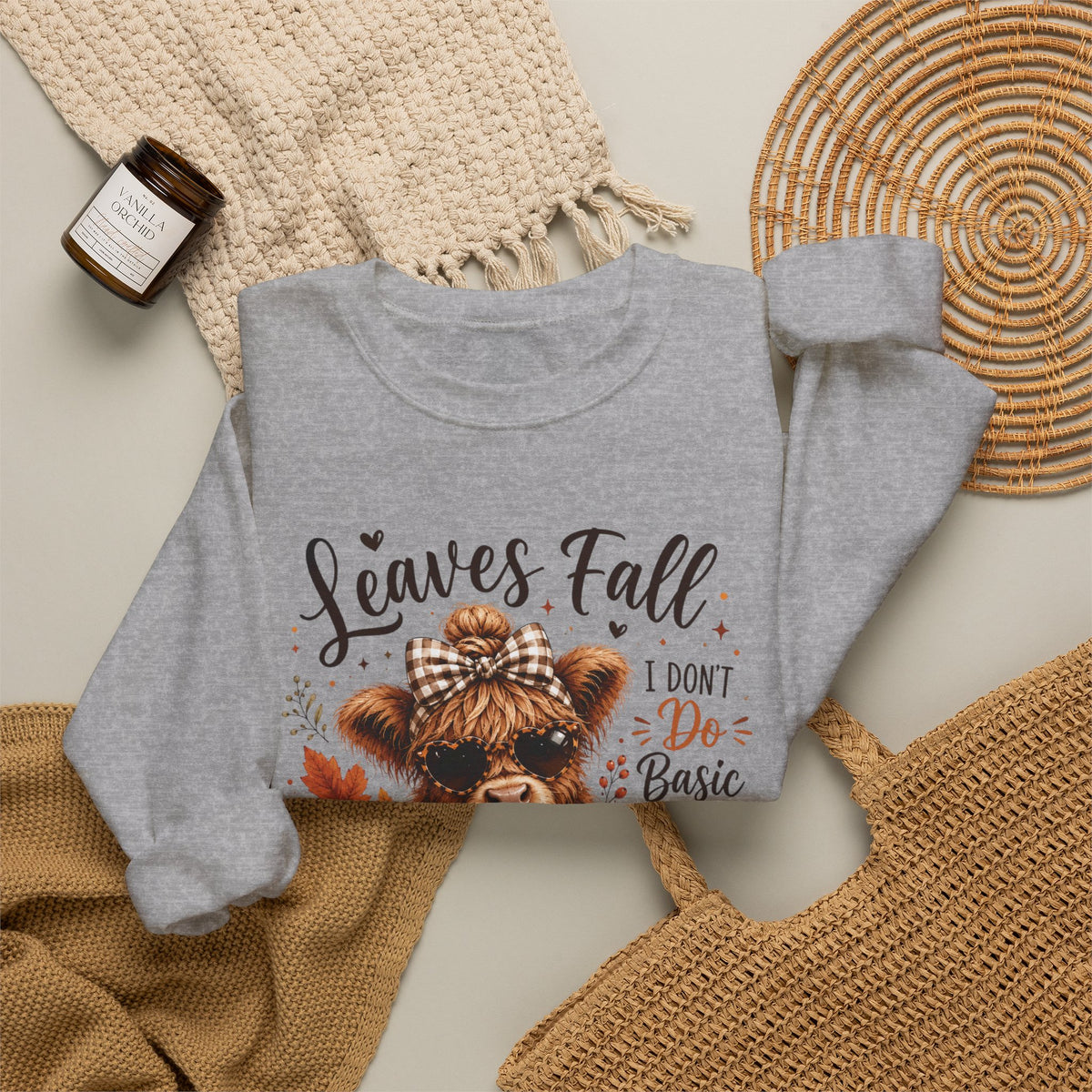 Highland Cow "Leaves Fall, I Don't Do Basic" Crewneck Sweatshirt