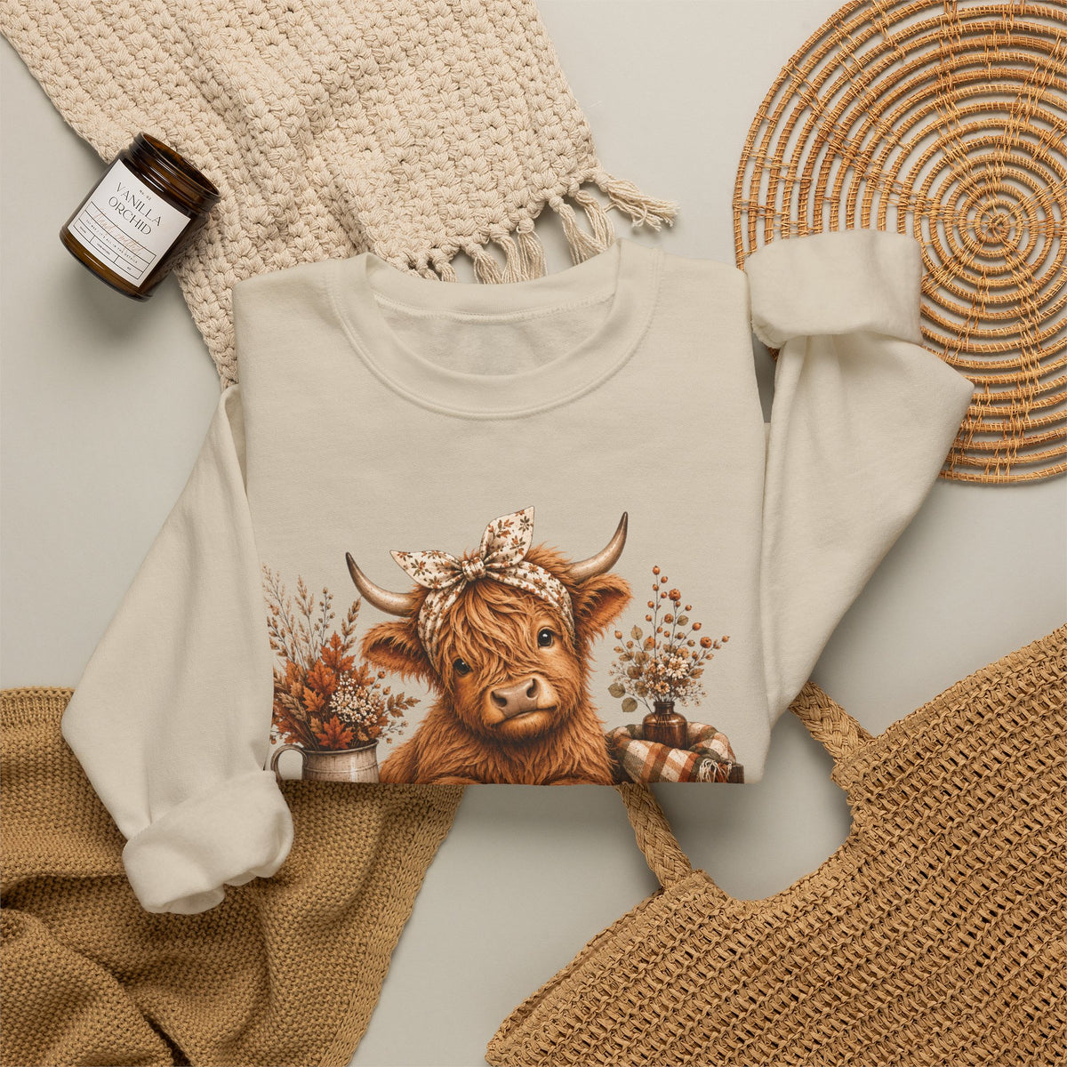 Autumn Highland Cow Cozy Fall Crewneck Sweatshirt
