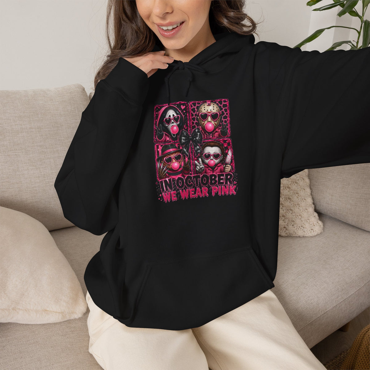 “In October We Wear Pink” Halloween Breast Cancer Awareness Hoodie (Front & Back Design)