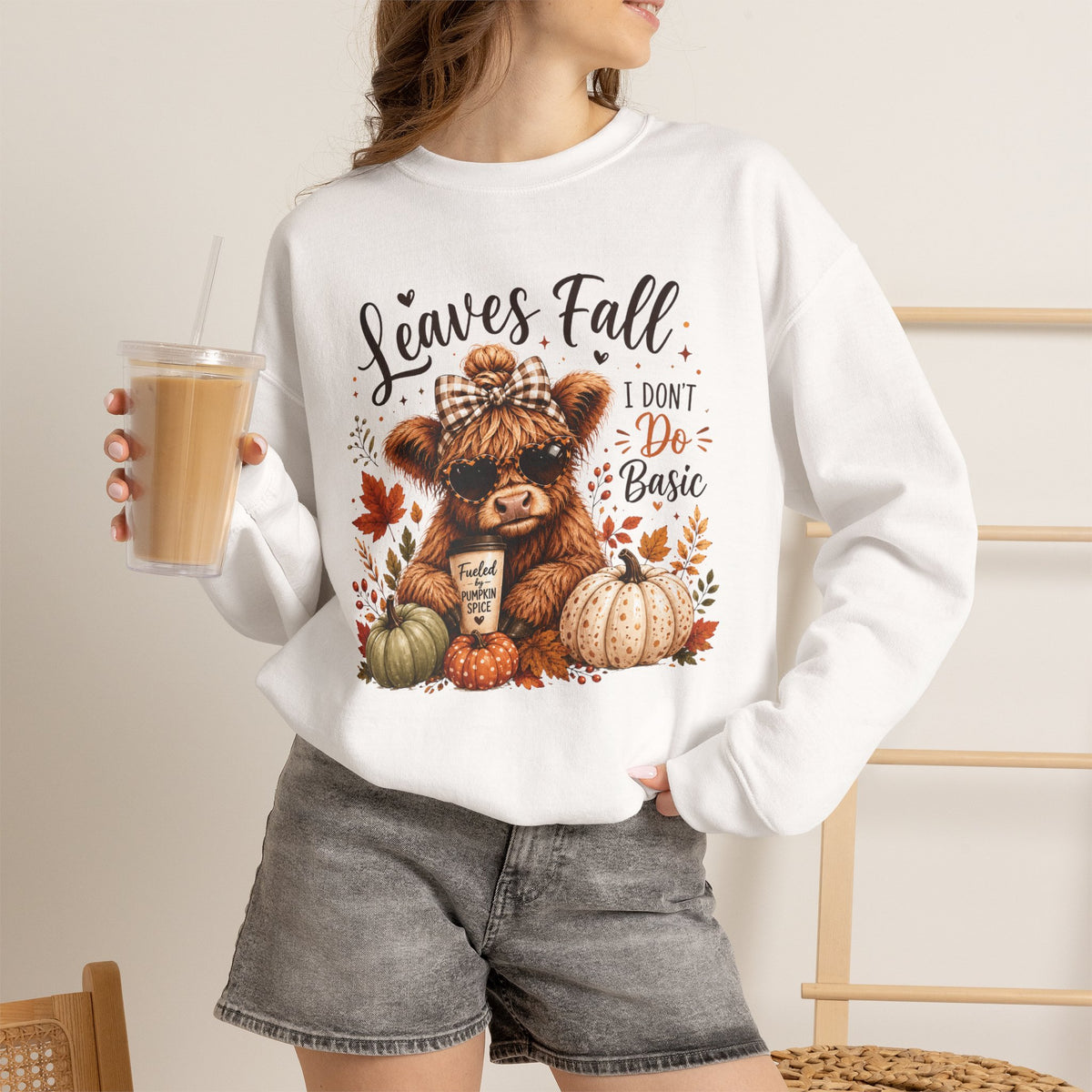 Highland Cow "Leaves Fall, I Don't Do Basic" Crewneck Sweatshirt