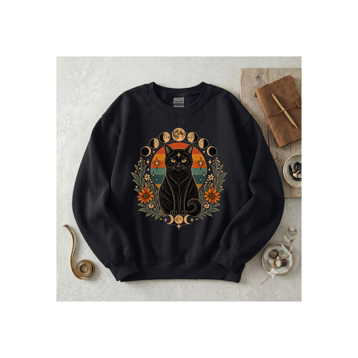 Mystic Black Cat Moon Phase Crewneck Sweatshirt