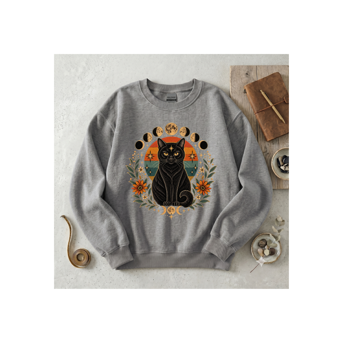 Mystic Black Cat Moon Phase Crewneck Sweatshirt