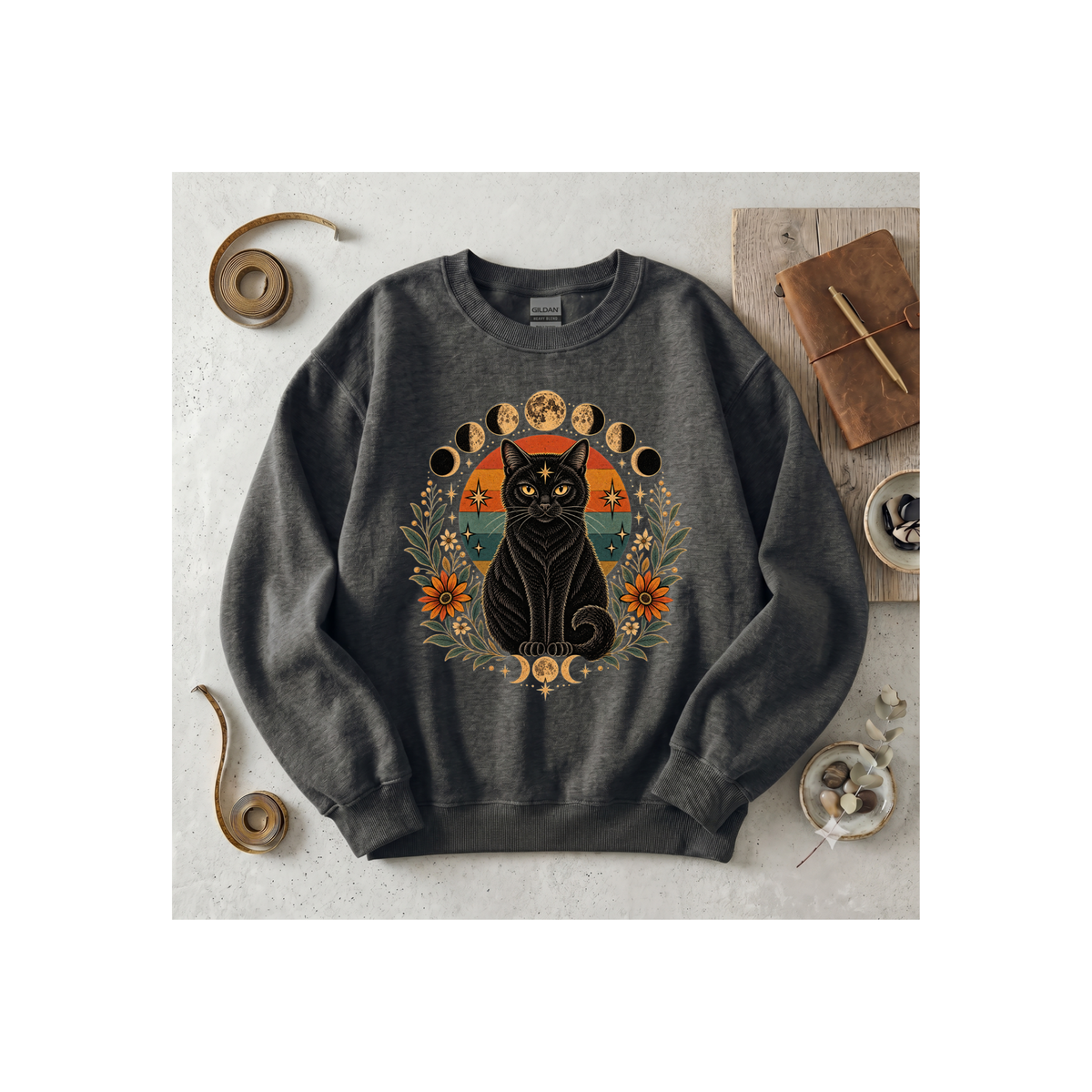 Mystic Black Cat Moon Phase Crewneck Sweatshirt