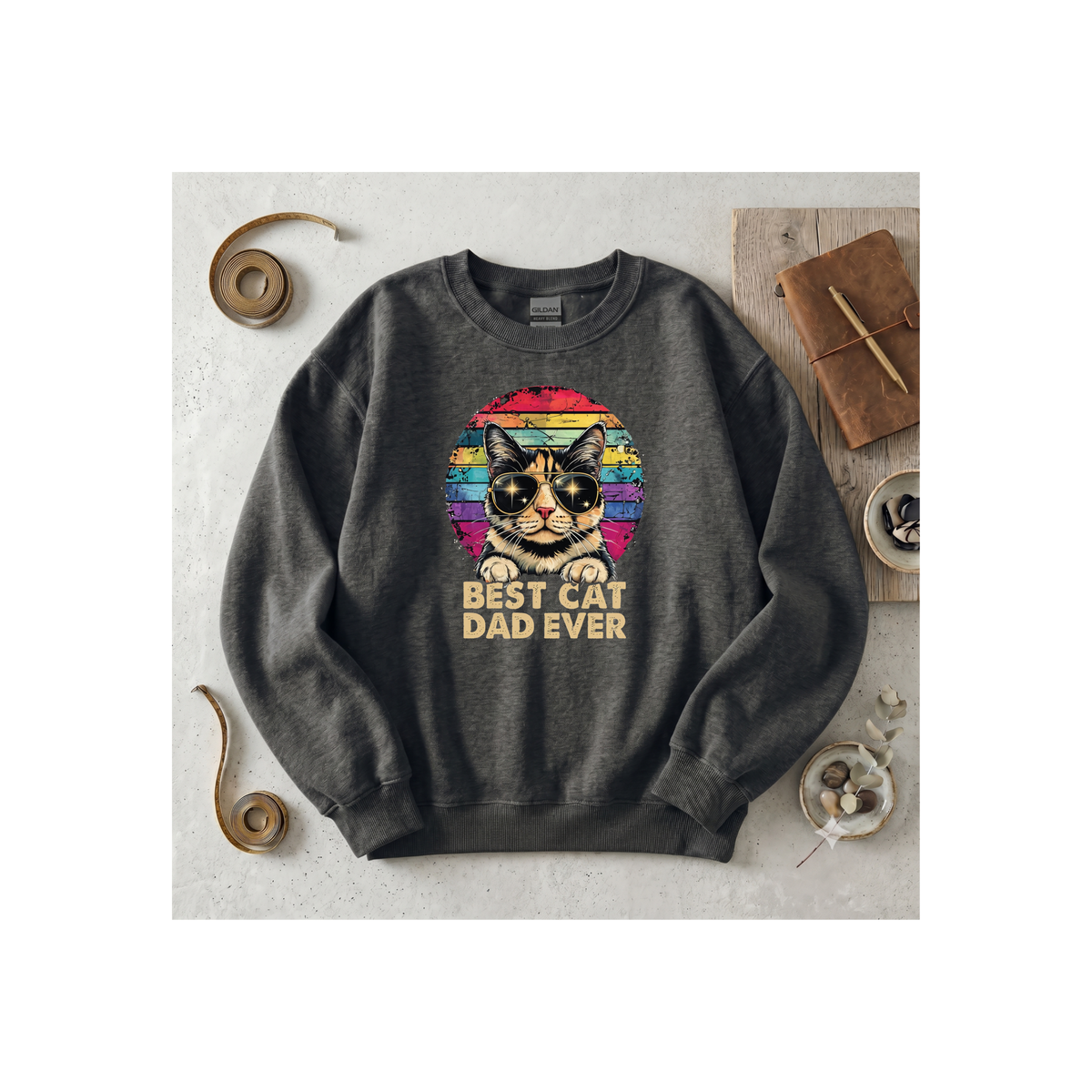 Retro Best Cat Dad Ever Crewneck Sweatshirt