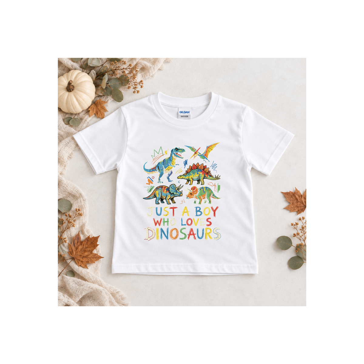 "Just A Boy Who Loves Dinosaurs" Colorful Dinosaur Tee for Boys