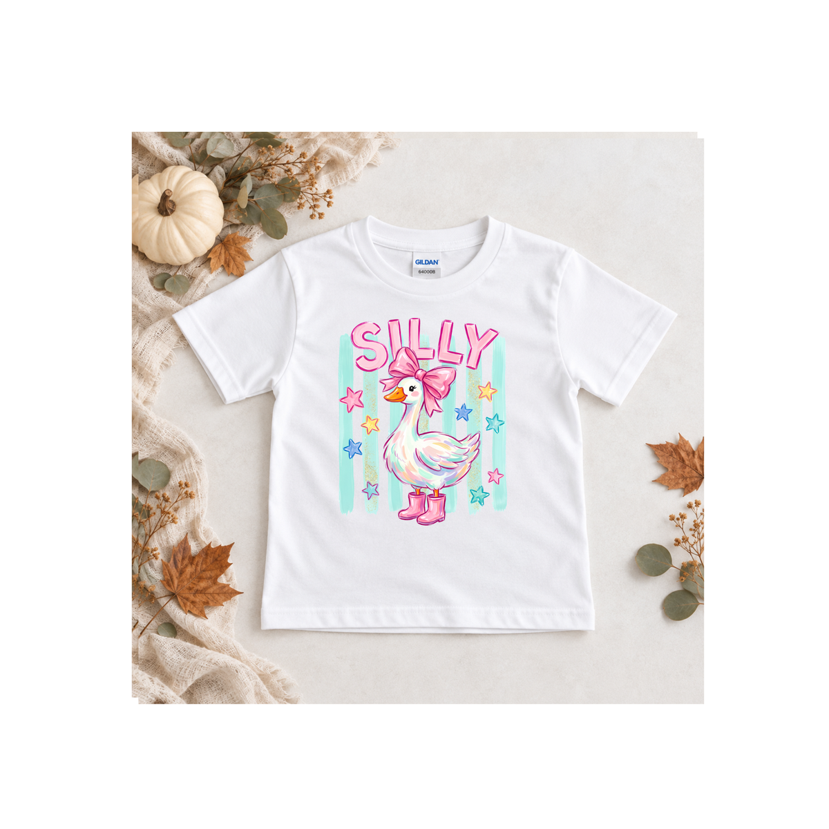 '"Silly" Duck with Pink Bow & Boots, Pastel Stars Kids Tee