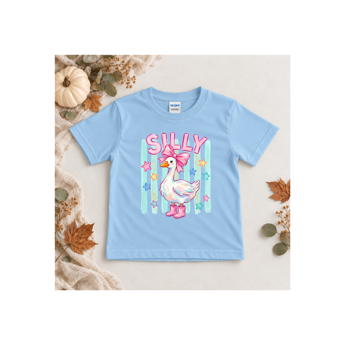 '"Silly" Duck with Pink Bow & Boots, Pastel Stars Kids Tee