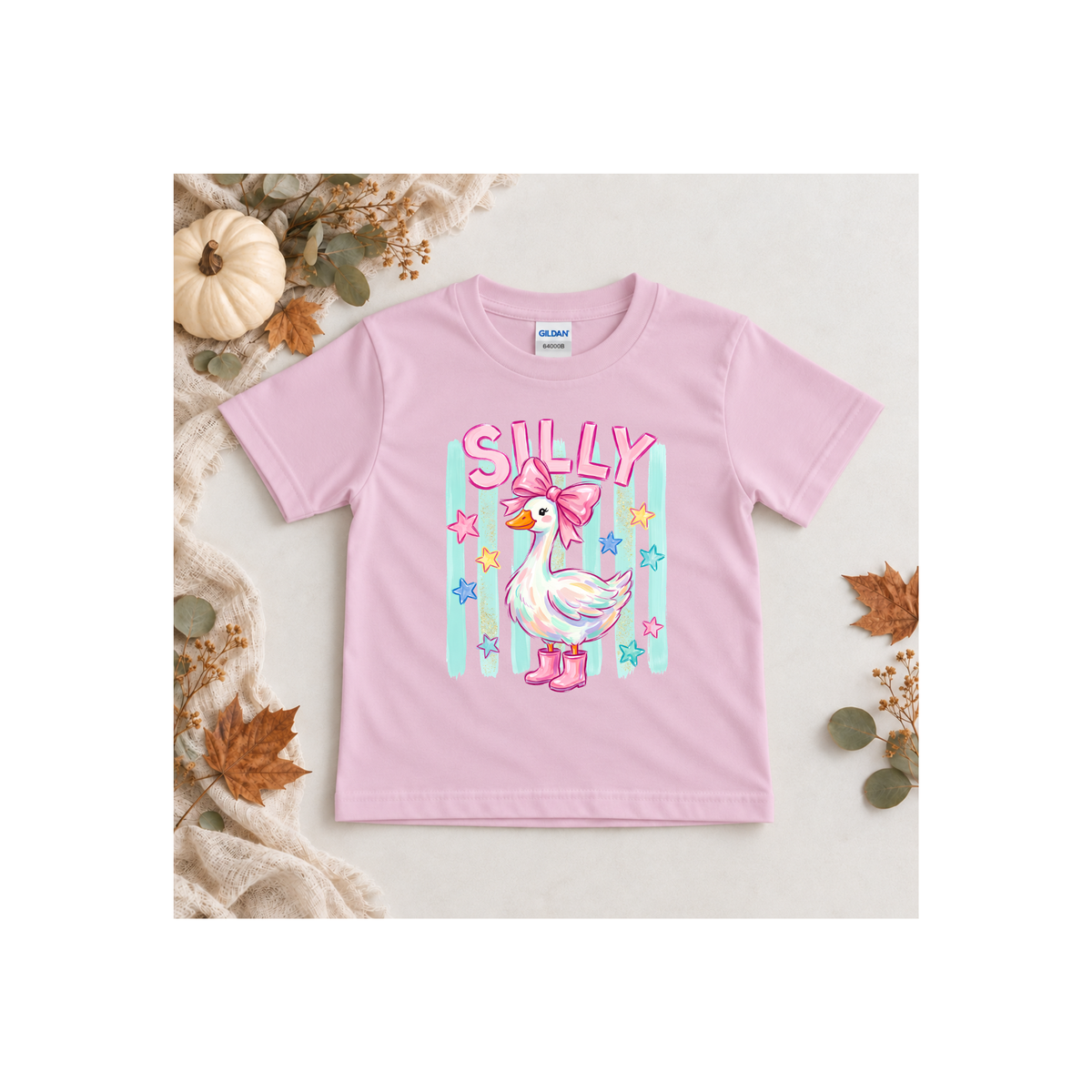 '"Silly" Duck with Pink Bow & Boots, Pastel Stars Kids Tee