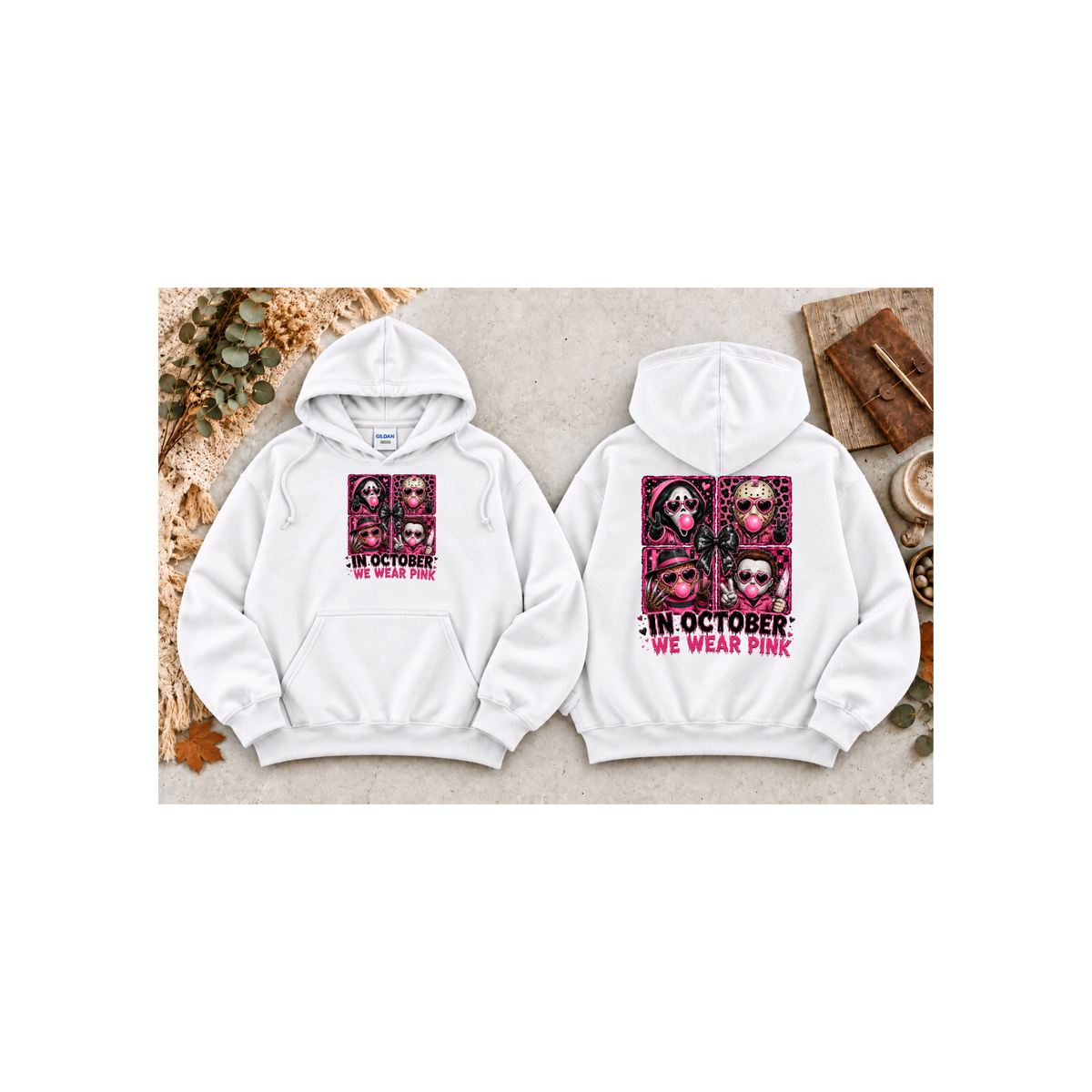 “In October We Wear Pink” Halloween Breast Cancer Awareness Hoodie (Front & Back Design)