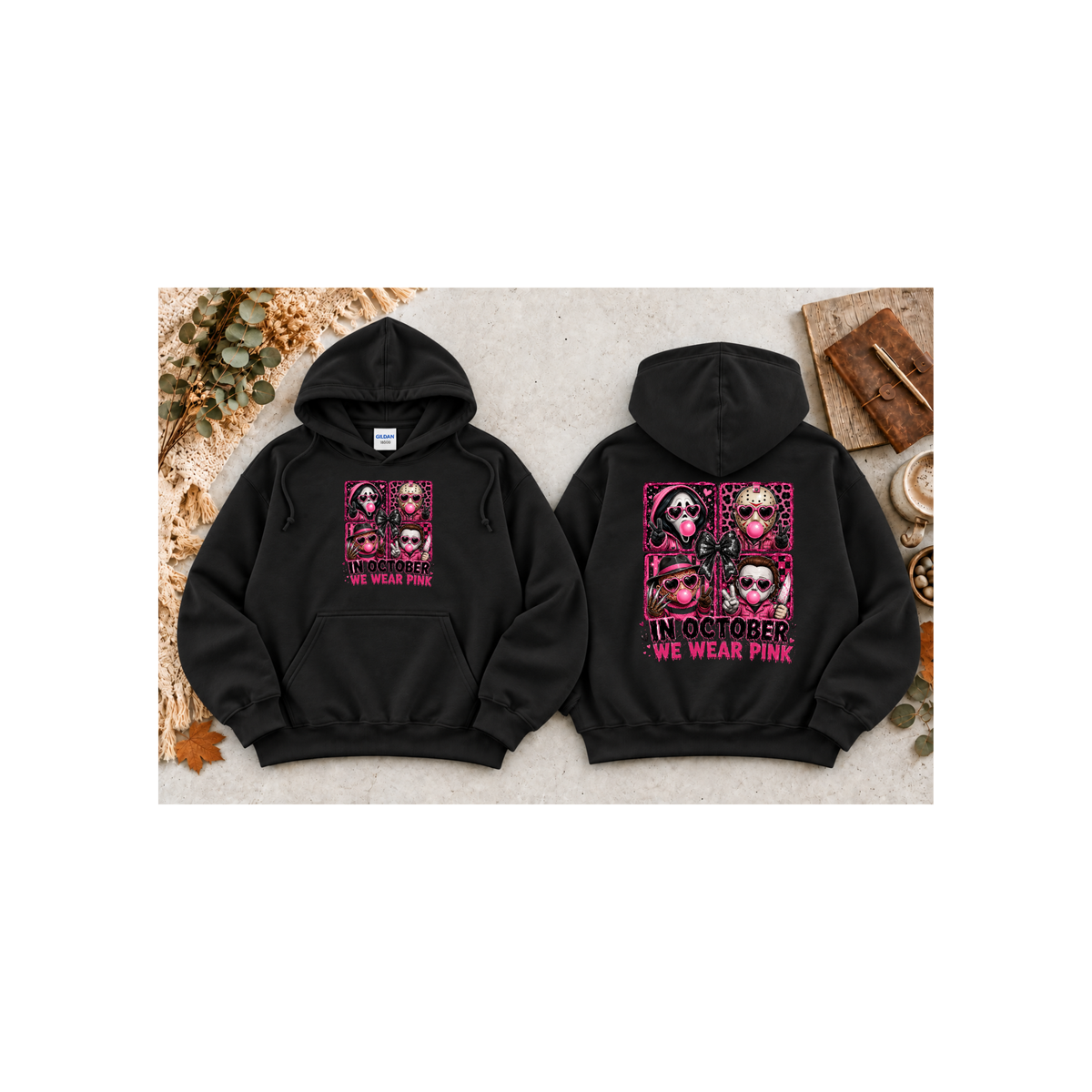 “In October We Wear Pink” Halloween Breast Cancer Awareness Hoodie (Front & Back Design)