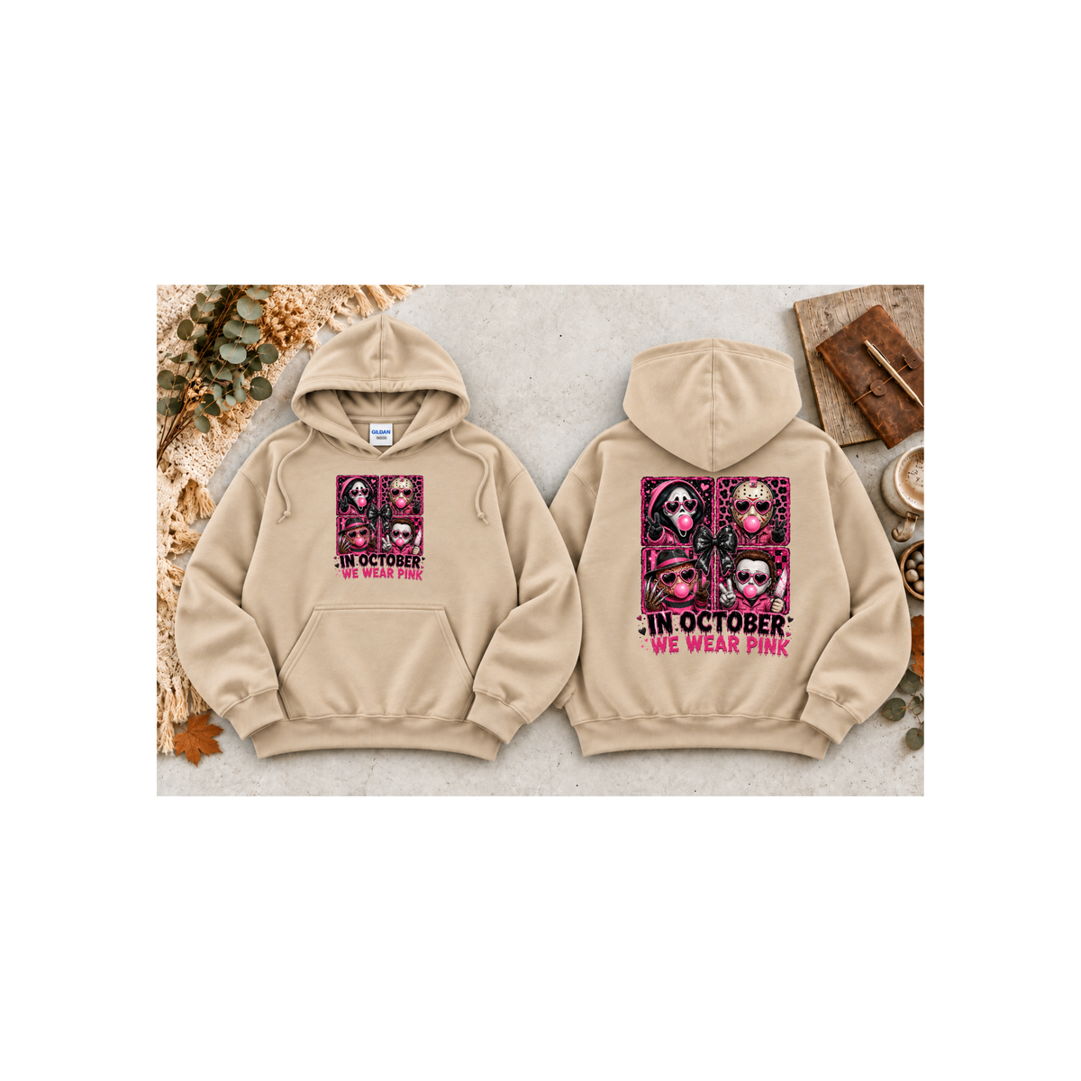 “In October We Wear Pink” Halloween Breast Cancer Awareness Hoodie (Front & Back Design)