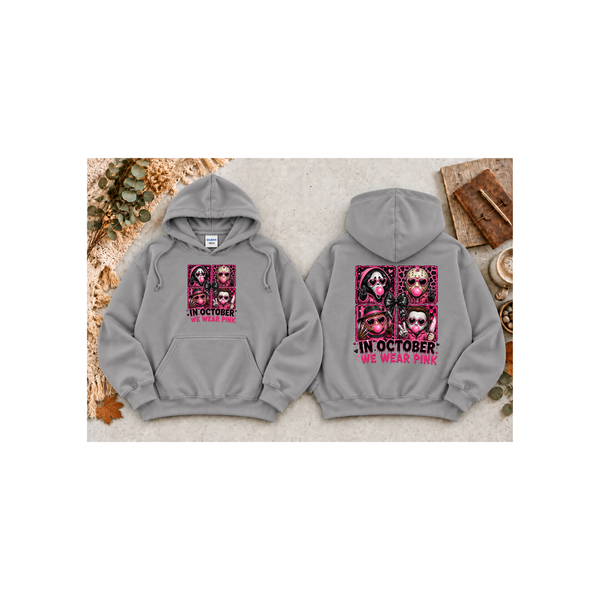 “In October We Wear Pink” Halloween Breast Cancer Awareness Hoodie (Front & Back Design)