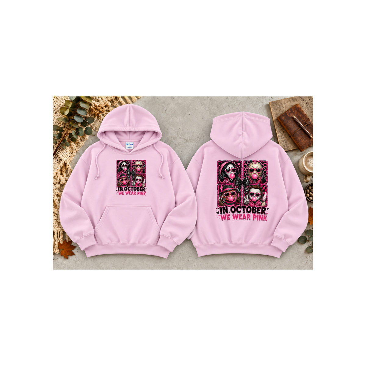 “In October We Wear Pink” Halloween Breast Cancer Awareness Hoodie (Front & Back Design)
