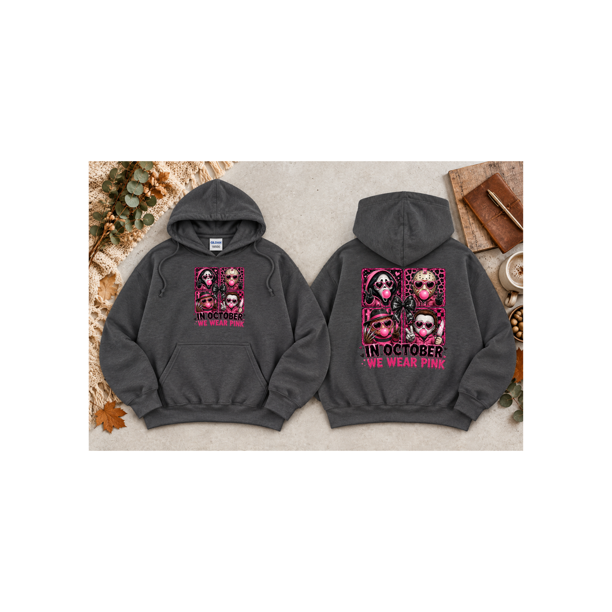 “In October We Wear Pink” Halloween Breast Cancer Awareness Hoodie (Front & Back Design)