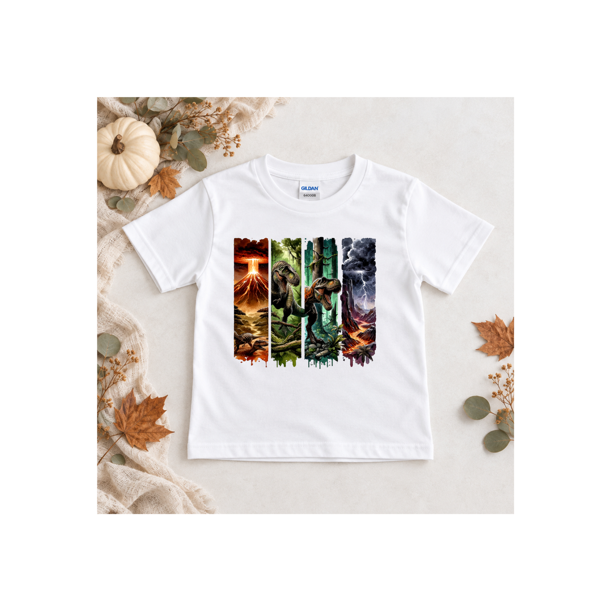 Jurassic Dino Volcano Forest Panels Graphic Tee Shirt