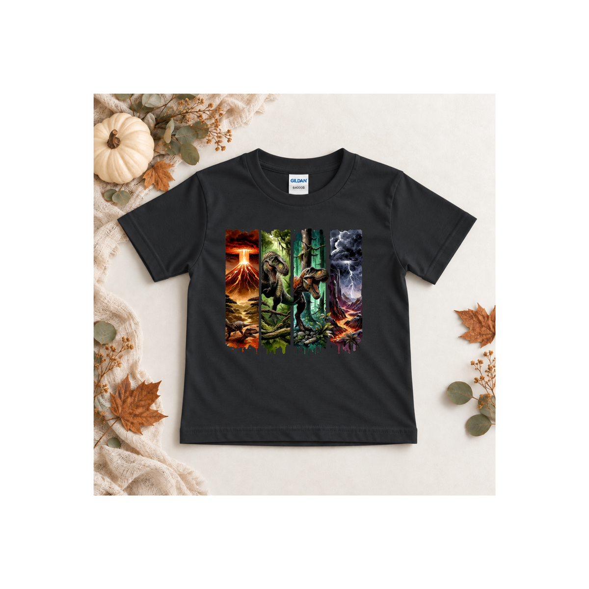 Jurassic Dino Volcano Forest Panels Graphic Tee Shirt