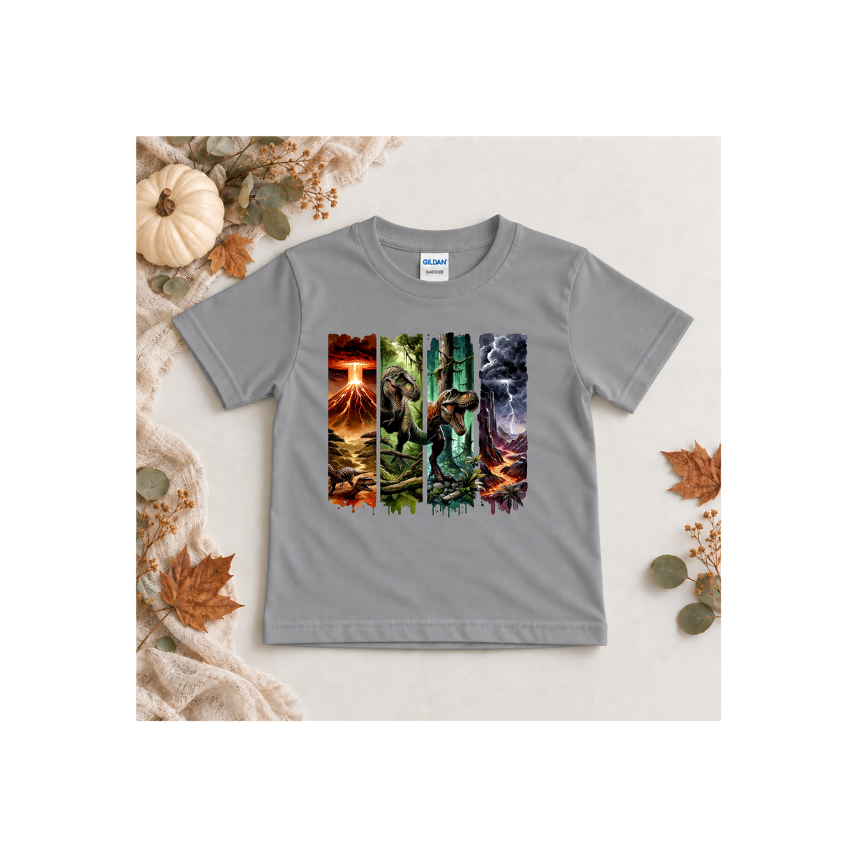 Jurassic Dino Volcano Forest Panels Graphic Tee Shirt