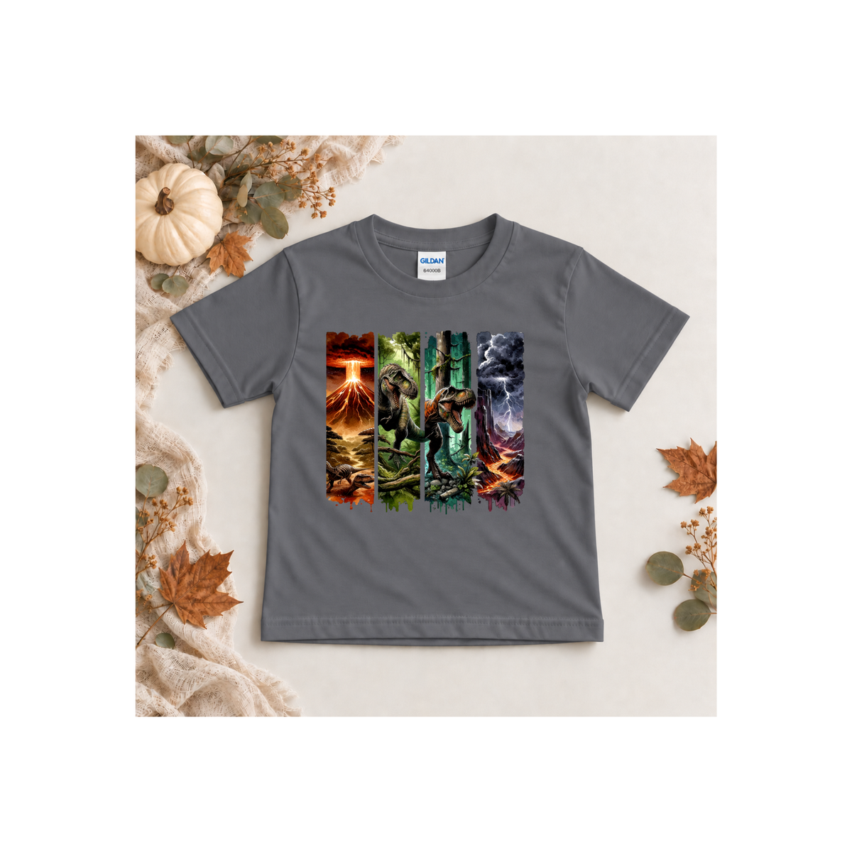 Jurassic Dino Volcano Forest Panels Graphic Tee Shirt