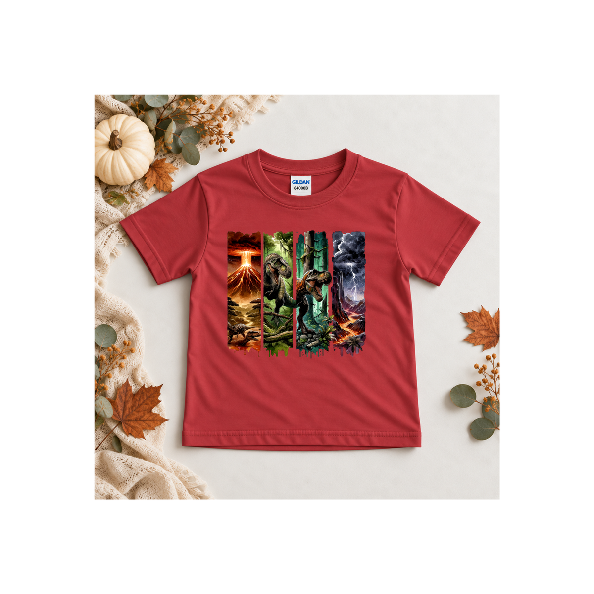 Jurassic Dino Volcano Forest Panels Graphic Tee Shirt