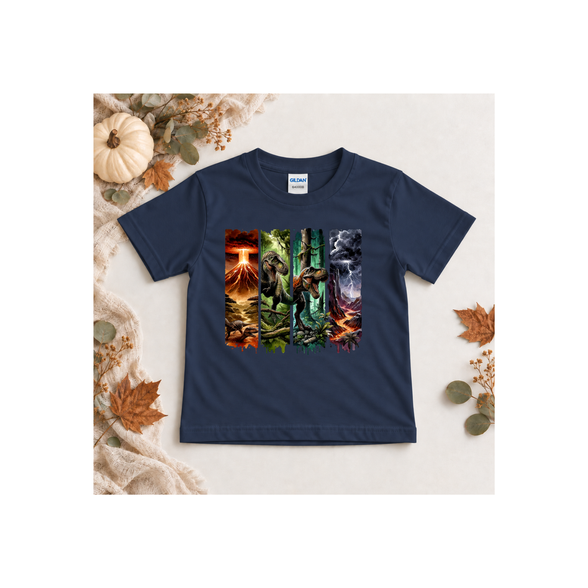 Jurassic Dino Volcano Forest Panels Graphic Tee Shirt