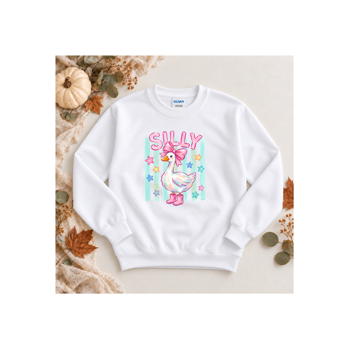 "Silly' Duck with Pink Bow & Boots, Pastel Stars Kids Crewneck Sweatshirt