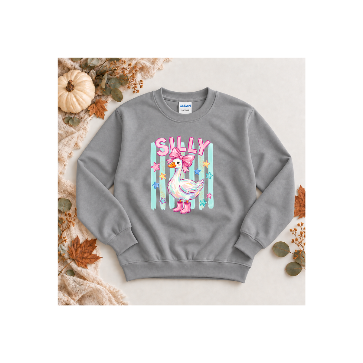 "Silly' Duck with Pink Bow & Boots, Pastel Stars Kids Crewneck Sweatshirt