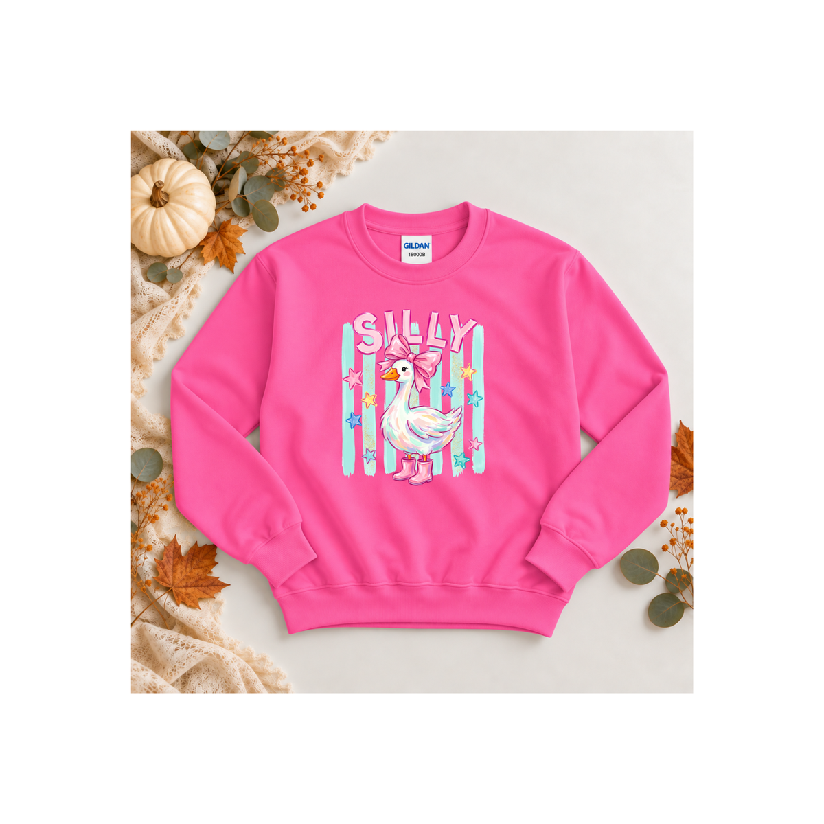 "Silly' Duck with Pink Bow & Boots, Pastel Stars Kids Crewneck Sweatshirt