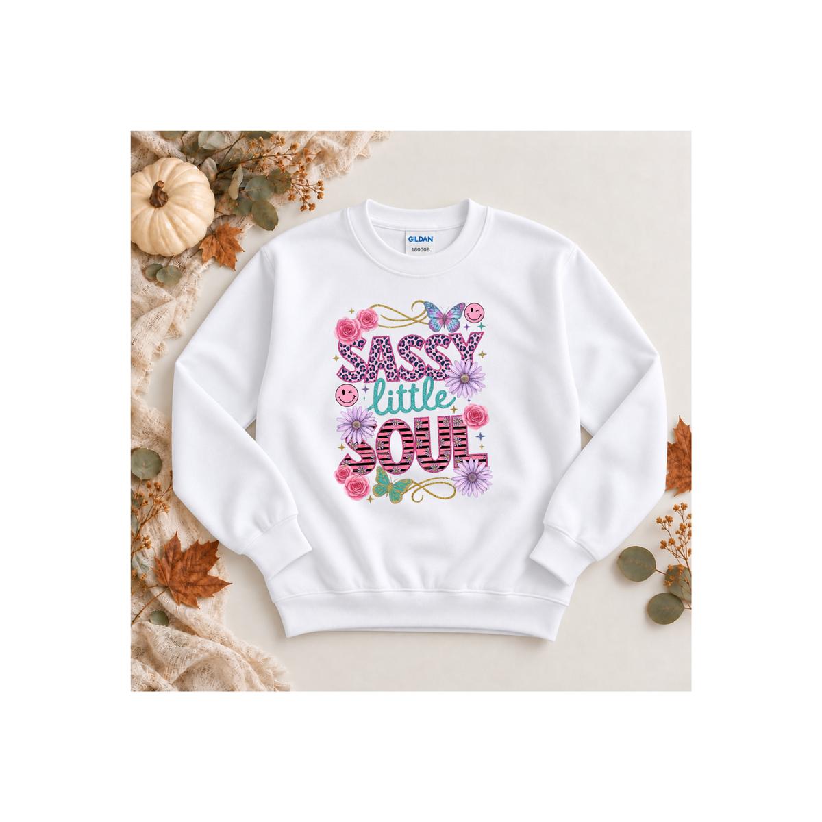 "Sassy Little Soul" Floral & Butterfly Kids Crewneck Sweatshirt