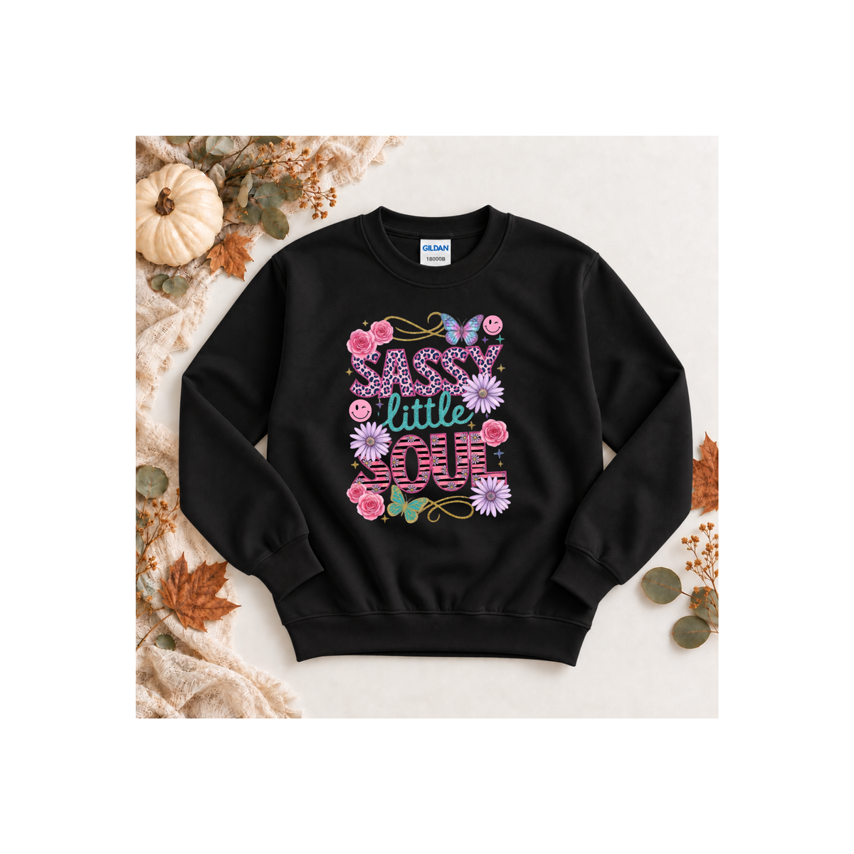 "Sassy Little Soul" Floral & Butterfly Kids Crewneck Sweatshirt