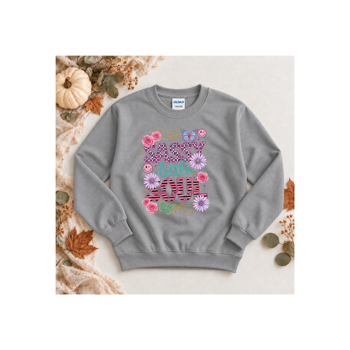 "Sassy Little Soul" Floral & Butterfly Kids Crewneck Sweatshirt