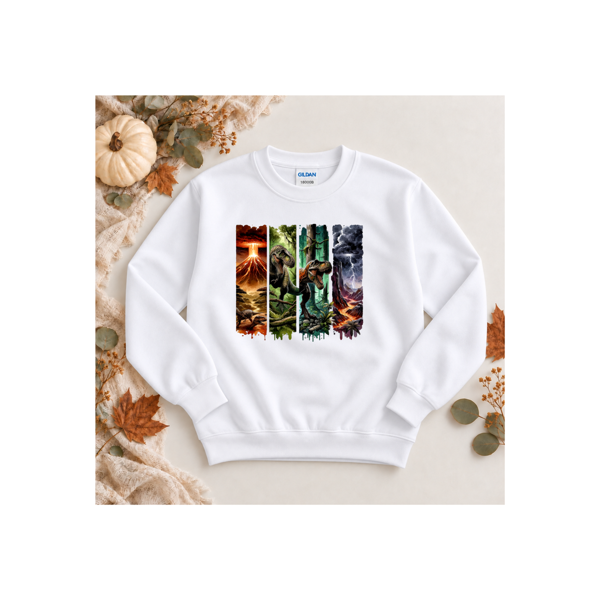 Jurassic Dino Volcano Forest Graphic Kids Crewneck Sweatshirt