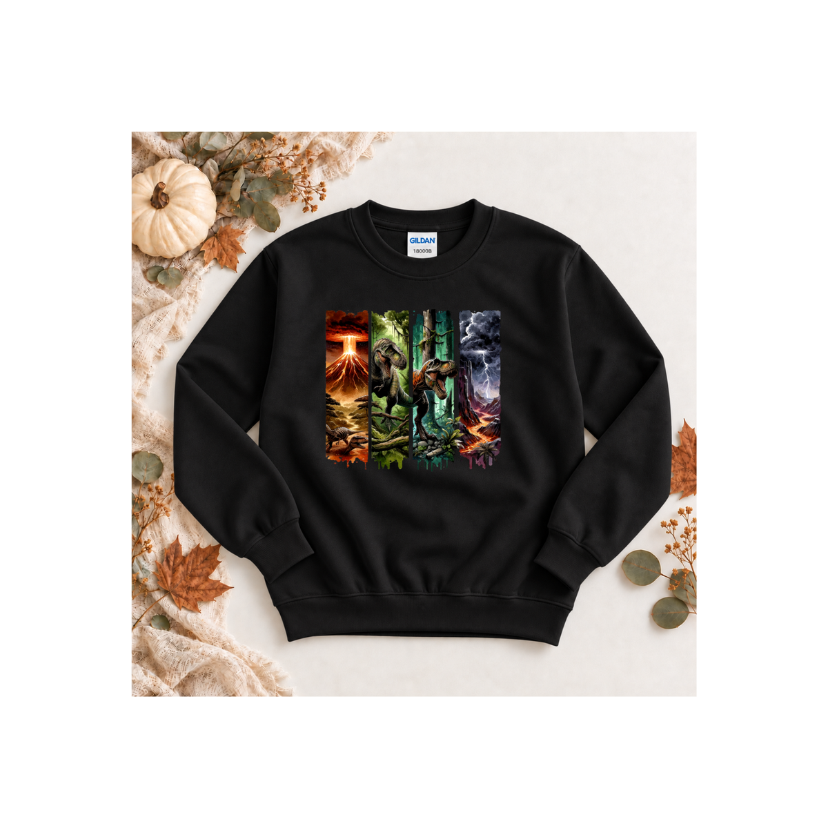 Jurassic Dino Volcano Forest Graphic Kids Crewneck Sweatshirt