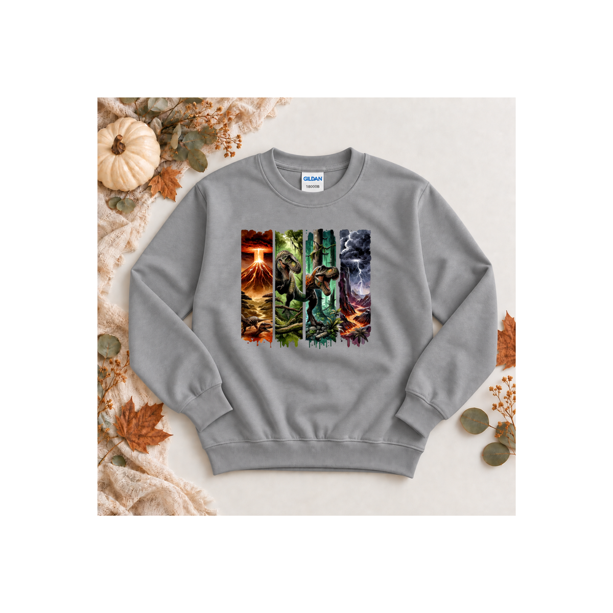 Jurassic Dino Volcano Forest Graphic Kids Crewneck Sweatshirt