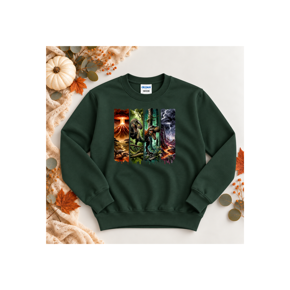 Jurassic Dino Volcano Forest Graphic Kids Crewneck Sweatshirt