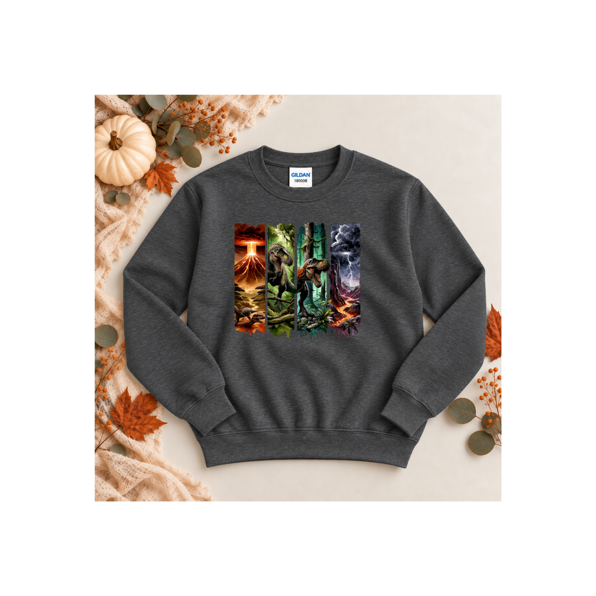 Jurassic Dino Volcano Forest Graphic Kids Crewneck Sweatshirt