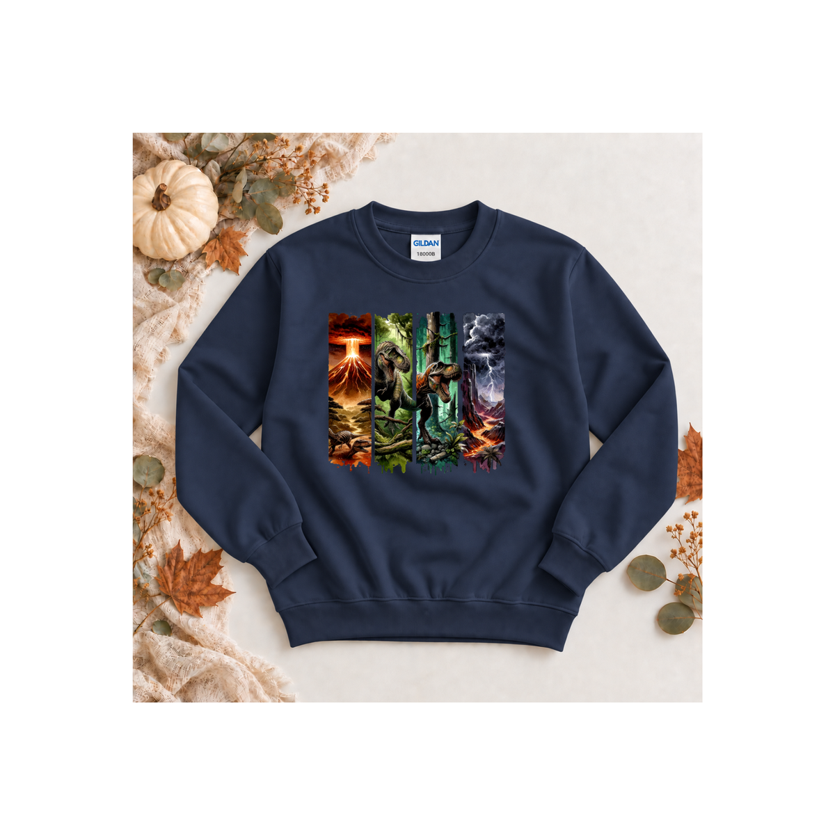 Jurassic Dino Volcano Forest Graphic Kids Crewneck Sweatshirt