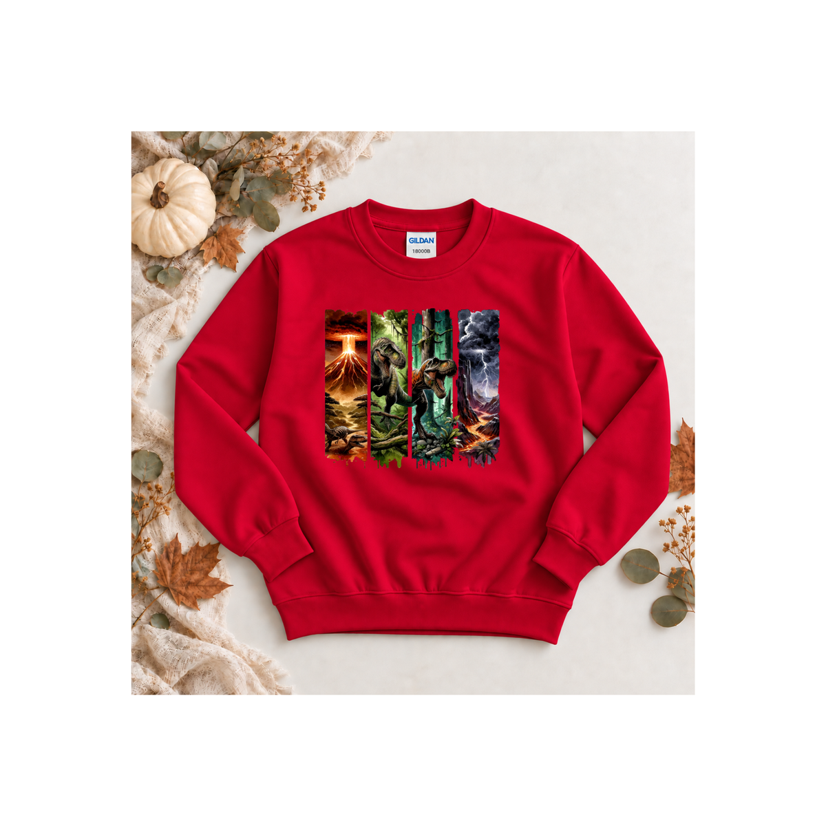 Jurassic Dino Volcano Forest Graphic Kids Crewneck Sweatshirt