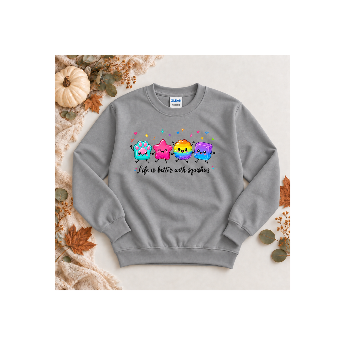"Life is Better with Squishies" Cute Colorful Squishy Characters Kids Crewneck Sweatshirt