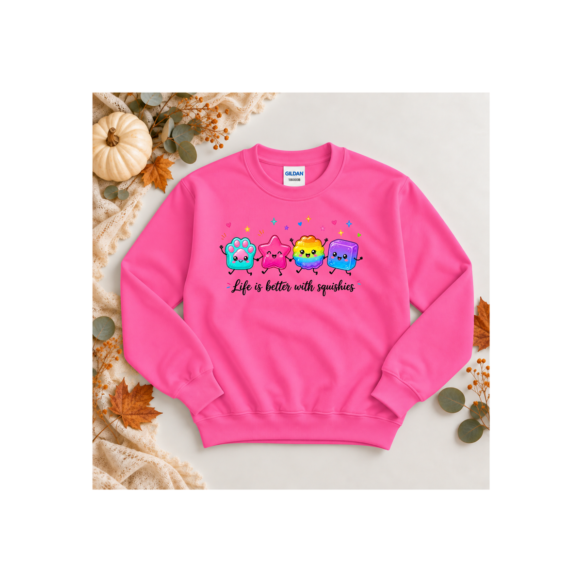 "Life is Better with Squishies" Cute Colorful Squishy Characters Kids Crewneck Sweatshirt