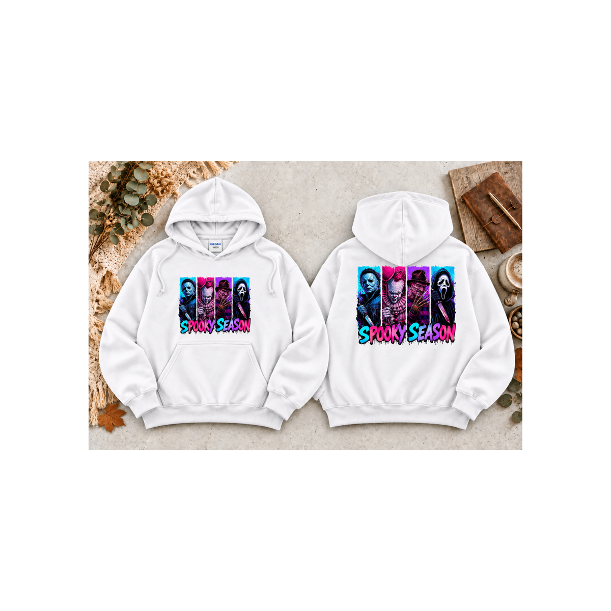Spooky Season Horror Icons Pullover Hoodie (Front & Back Design)