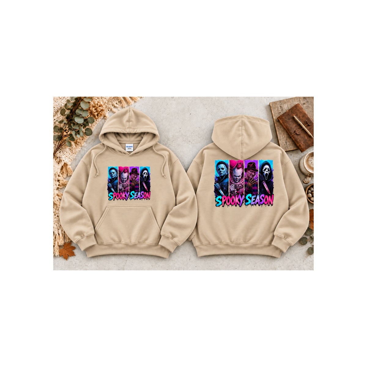 Spooky Season Horror Icons Pullover Hoodie (Front & Back Design)